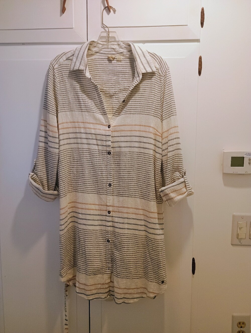 Roxy Striped Button-Front Shirt Dress in Cream and Blue - 100 Cotton - Picture 7 of 7